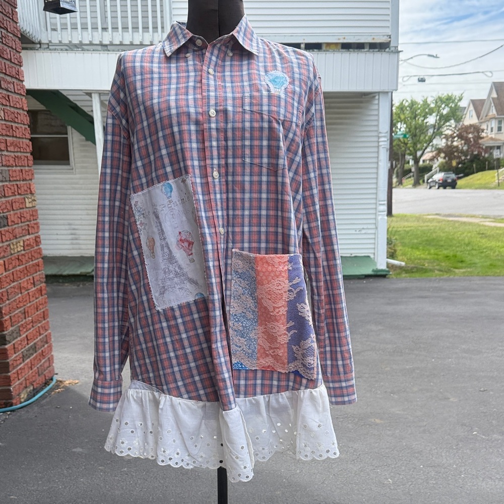 Upcycled men’s shirt. Plaid Patchwork Duster  with Lace Hem.